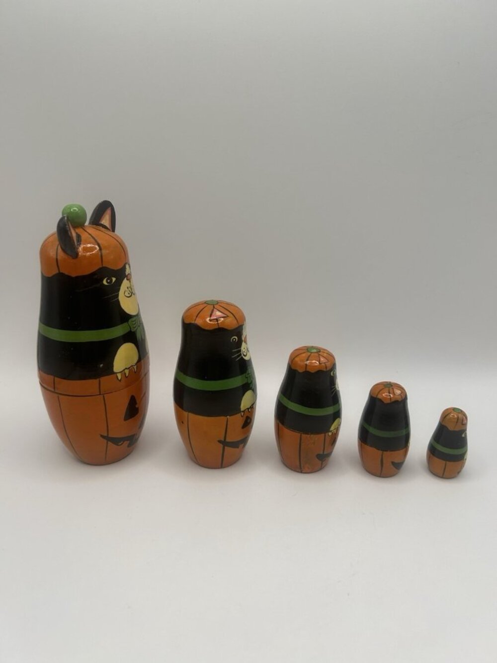 Halloween Kitty Cat Pumpkin Hand-Painted Wood Stacking Nesting Dolls Five Vtg - Picture 9 of 16